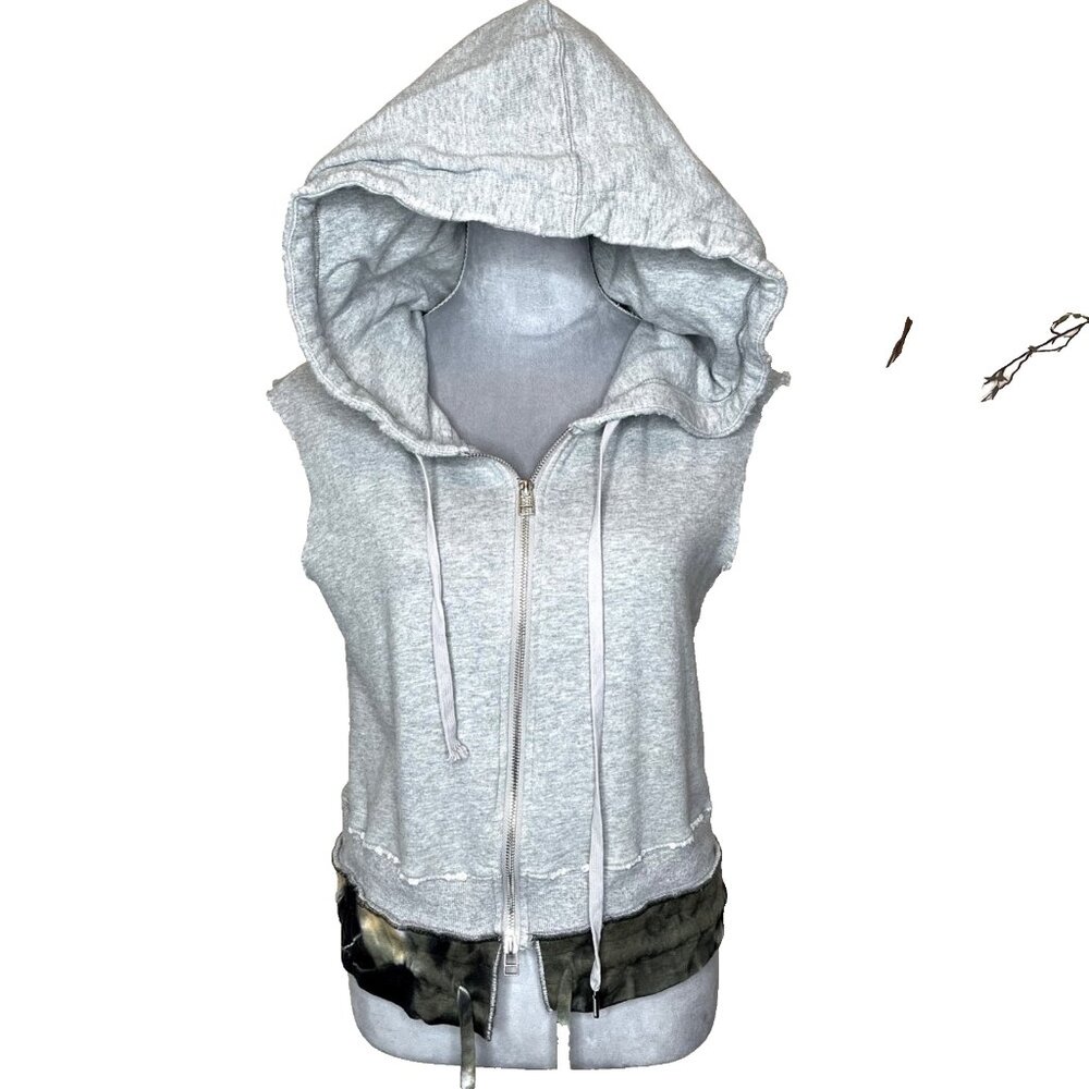 Womens Patchwork Hoodie Size Small Gray Green Tie Dye Ripped Frayed Grunge Goth